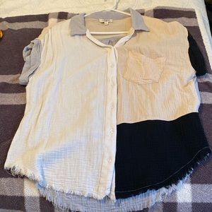 Button up block color type shirt.